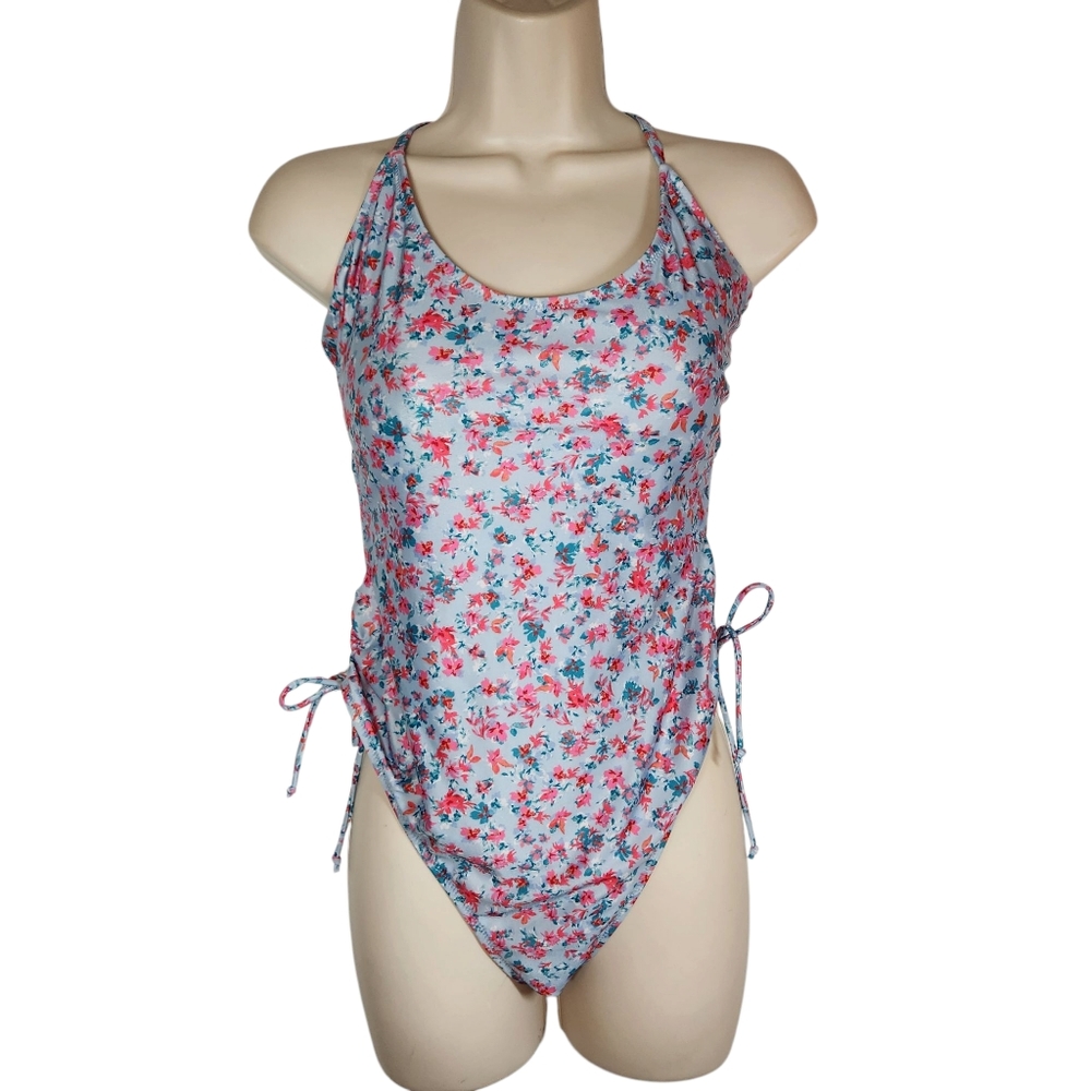 Aeropostale Floral Swimsuit Size XL Blue One Piece Strappy Beachy Flirty Travel